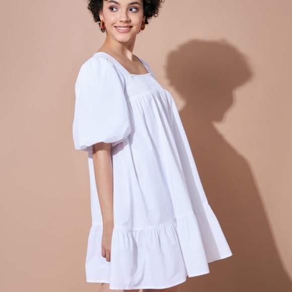 White Cotton Poplin Puff Sleeves Tiered Dress, - Picture 6 of 8